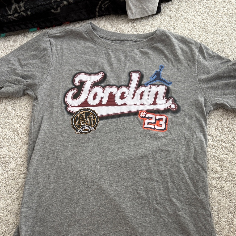 Jordan Gray Kids Tee with Blue and Red Accents